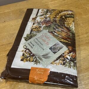 Vtg Benson Mills Thanksgiving 60x104" Cotton Jacquard Tablecloth Turkey Pumpkins